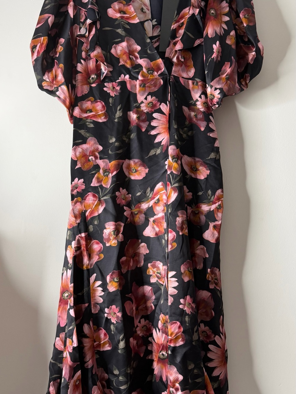 The Kooples Black Maxi Dress with Pink Floral Print and Ruffle Details